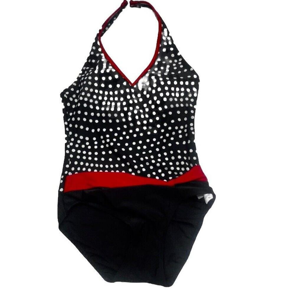 NWOT YBL Your Best Look Womens Sz 12 1pc Swimsuit tie back Black White Polka Dot